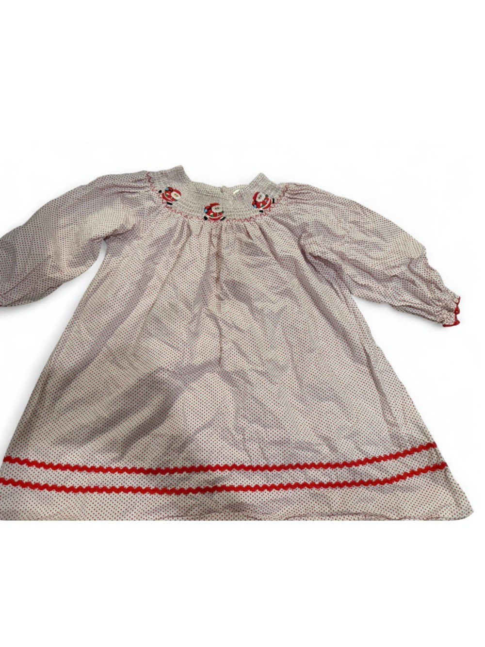 Long-Sleeve Smocked Girls' Dress with Red Trim